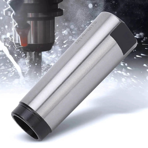 Side view of MT4 to MT3 taper drill sleeve reducing adapter, high-speed steel, quenched, silver with black ends