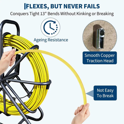 Fiberglass Fish Tape Pro Duct Rodder With Heavy Duty Cable Puller, yellow tape on steel stand, flexes without kinking