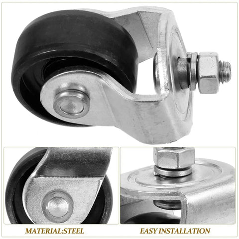 Close-up of steel casters from 2 Piece Front Wheels Swivel Trailer Jack Replacement For Heavy Duty Steel Car Jack Accessories With 2 Ton Load Capacity Ideal For Material Handling And Towing In Garages And Construction Sites.