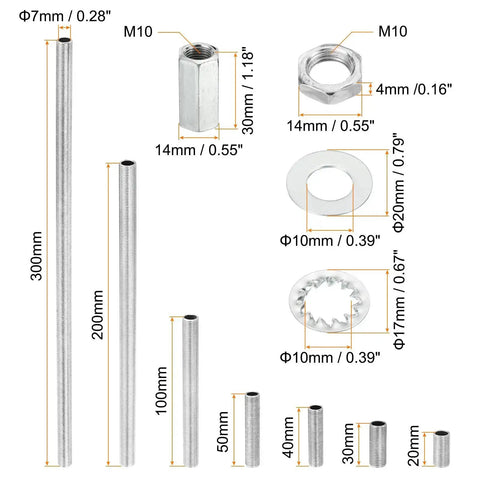 M10 Thread Lamp Pipe Kit With Lock Nuts And Washers And Fasteners For Chandelier Ceiling Light DIY Zinc Plated Hardware Set In 20mm 30mm 40mm 50mm And 100mm Lengths product image, showing threaded pipes and hardware
