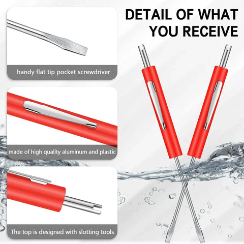 Red 10 Pack Pocket Screwdrivers With Valve Core Removal Tools, dual-use, aluminum, flat tip, close-up of features and clip