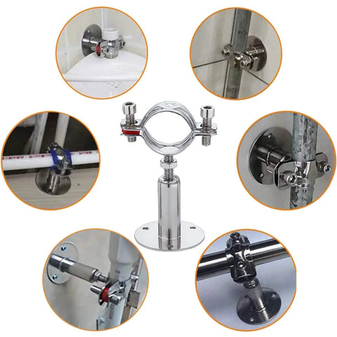2 Pack Wall and Ceiling Pipe Mount Clamps 304 Stainless Steel Rubber Cushioned and Rust Resistant Waterproof and Oil Proof Adjustable Height 30 to 60mm Fits 15 to 19mm OD Pipes Heavy Duty Pipe Supports for Home and Workshop, showing various installation views