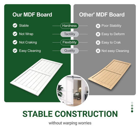 Comparison of stable white sliding barn door MDF with unstable alternative, highlighting construction and performance