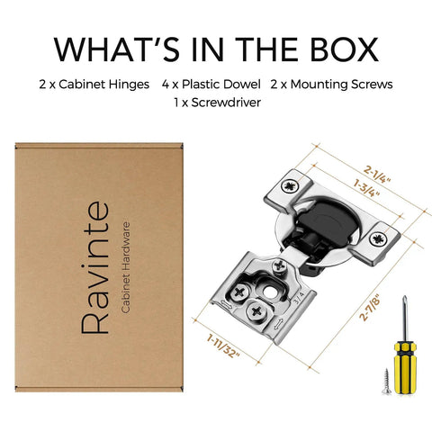 Two Pack Three Quarters Inch Overlay Cabinet Hinges With Soft Close For Kitchen Cabinets Stainless Steel Satin Nickel Finish Hidden Door Hinge Set Easy Install Includes Dowels And Mounting Screws shown with box contents