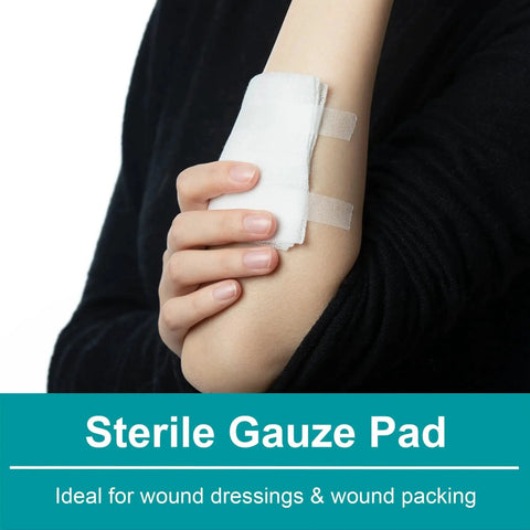 Sterile gauze pad applied to arm, part of 160 Piece First Aid Kit Refill Set For Home, Travel, And Work With Instant Cold Pack, ISO 13485 Certified