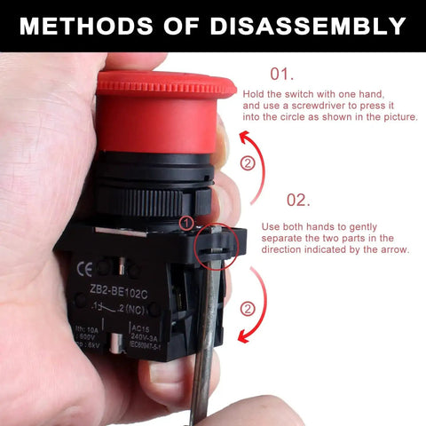 Disassembly instructions for Red Mushroom Emergency Stop Push Button Switch 22mm Latching 600V 10A 2NC