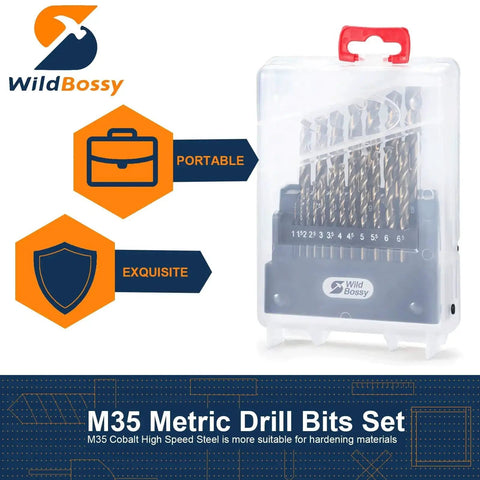 5 Percent Cobalt Drill Bits Set 19 Pcs Metric Range 1mm Through 10mm With Straight Shank Jobber HSS Twist Drill Bits case