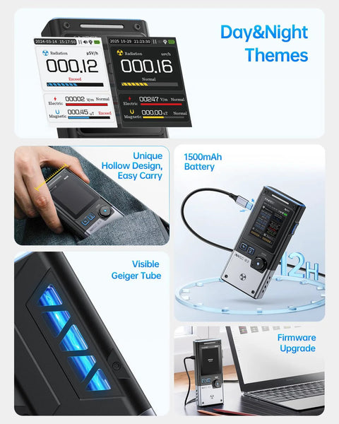 FNIRSI GC-03 Geiger counter EMF meter, 3-in-1 radiation detector, handheld with 1500mAh battery, USB-C.