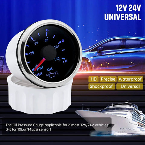 Oil Pressure Gauge 52mm 2-1/16 Inch Electric Dial For Auto Cars Trucks Marine Boats 0-150 PSI with LED backlight