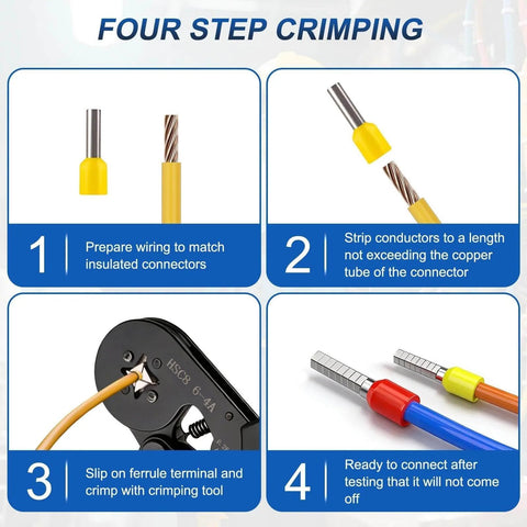 Four-step crimping guide with Premium Ferrule Crimping Tool Kit With 1800 Wire End Terminals For AWG 23 to 7 0.25 to 10mm2.