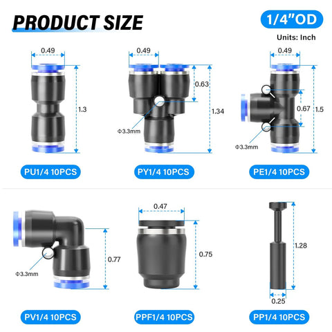 Push-to-connect pneumatic fittings kit 1/4 in OD, 60 pcs (10 each): straight, elbow, tee, splitter, PPF, PP