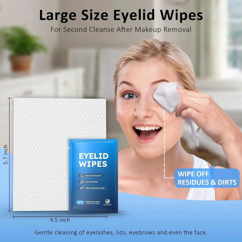 Woman using eyelid wipe to clean eyes; package shows size 5.7x4.5 inches. Eyelid Wipes With Tea Tree Oil For Blepharitis And Styes.