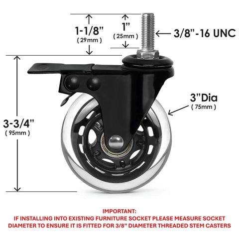 Three Eighths Inch 16 UNC Threaded Stem Rubber Caster Wheels With Brakes And Locks, side view with dimensions shown.