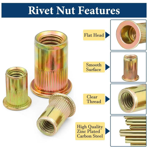 Rivet Nut Kit 240 Pcs Dope Six Size Set With 6-32 8-32 10-24 1/4-20 5/16-18 3/8-16 UNC Zinc Plated Carbon Steel Nutserts