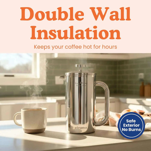 Non-Toxic French Press Coffee Maker With Surgical Grade 316 Stainless Steel Plastic Free And Heavy Metal Free No Endocrine Disruptors 34 Oz Double Wall 4 Layer Filter Portable On The Go Brew For Health Conscious Fans in kitchen setting