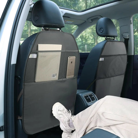 Durable Large Car Seat Protector Kick Mats 2 Pack With Dual Mesh Pockets And Water Resistant Oxford Cloth Keeps Back Seats Clean From Dust Mud Scrubs Scratches In Black, installed on car seats.