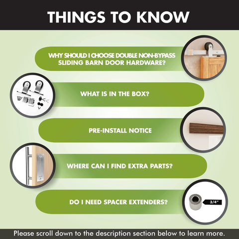 Graphic detailing info about Brushed Nickel Non Bypass Sliding Barn Door Hardware Kit For Two Doors, 11 Foot Flat Track With T Shape Rollers.