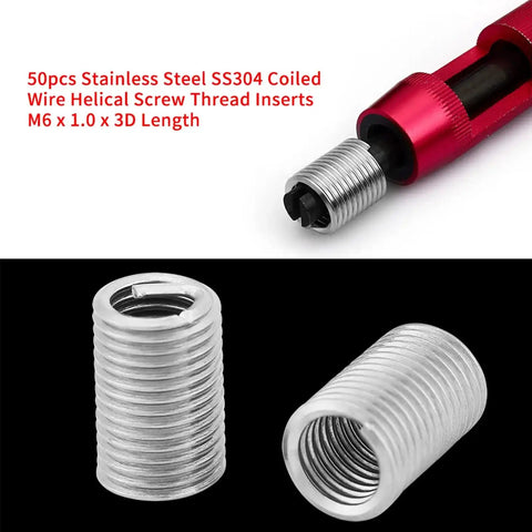 Close-up of Heavy Duty M6 X 1.0 Stainless Steel Thread Inserts Kit 50 Pcs SS304 Coiled Wire Helical Inserts for Tougher Screw Joints