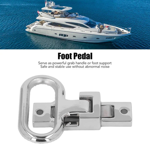 Close-up of folding foot pedal latch, 316 stainless steel; marine-grade for boat trailers and RVs, spring-loaded