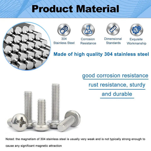30 Pcs M4x45mm Pan Head Phillips Machine Screws 304 Stainless Steel Fully Threaded 1.75 In For Furniture Repairs And 3D Printers In A Durable Plastic Storage Box, showing silver screws standing and lying on a white surface.
