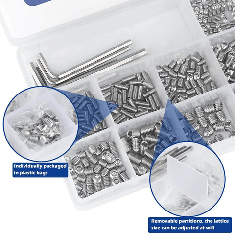 Complete Set Screw Kit 1000 Piece Cup Point Grub Screws With Internal Hex Drive Stainless Steel 304 Metric and SAE in storage box
