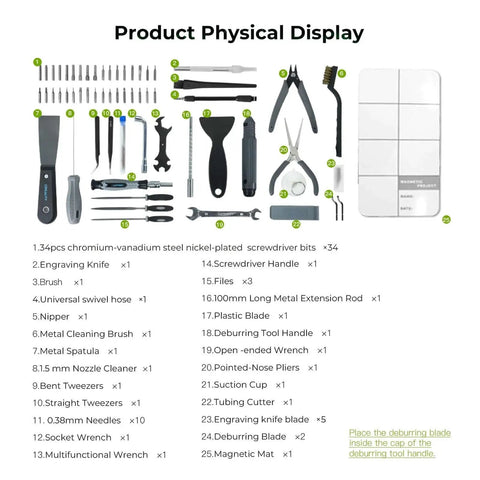 All In One Must Have 74 Piece 3D Printer Tool Kit For All FDM Printers With Nozzle Cleaning Tools Filament Cutter Scrapers Wrenches Screwdrivers And Finishing Gear For Quick Assembly Removal And Maintenance Creality displayed on a white background