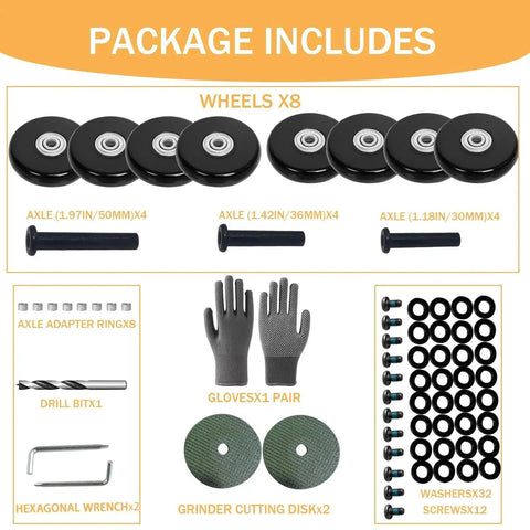 Luggage Wheel Replacement Kit For Suitcases And Trolleys 2.13 Inch Diameter 54mm Eight Silent Wheels Includes Washers Screws