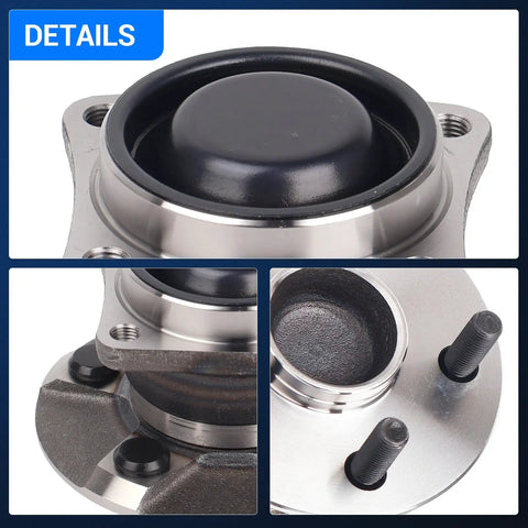 Close-up of Rear Wheel Bearing And Hub Assembly Fits 2003 To 2008 Toyota Corolla Matrix 2000 To 2005 Toyota Celica and 2003 To 2008 Pontiac Vibe FWD Non ABS 5 Lug Left And Right Rear Replacement With Drop In Easy Install showing details of bolts and bearing surface.
