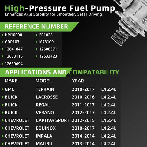 Chevrolet High Pressure Fuel Pump 12641847 Fits 2010 2017 Equinox Malibu Impala Captiva Sport GMC Terrain Buick LaCrosse Verano Regal 2 4 L Engine Fuel Delivery Pump Replacement HM10008 EP1028 GDP103 12633115 12608371 compatibility chart
