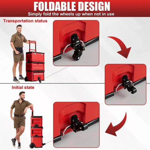 Steel Construction Front Wheels for Packout Caster Kit on red toolbox showing foldable and transportation positions.