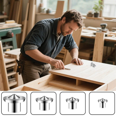 Person using 20 Piece Dowel And Tenon Center Pins Set For Woodworking Transfer Dowel Centering Plugs In 1/4 5/16 3/8 And 1/2 Inch Sizes