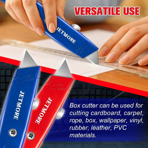Heavy Duty Box Cutter Set Jetmore Retractable Utility Knife With 10 Extra Blades All Metal Aluminum Alloy Body SK5 Steel Blade for cutting materials.