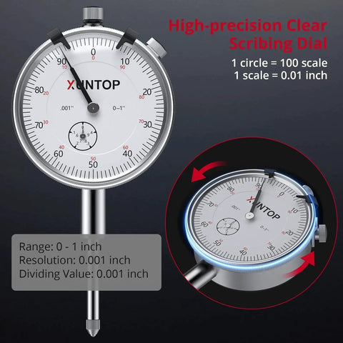 High Precision 1 Inch Dial Indicator With 0.001 Inch Resolution And Beefy Magnetic Base Up To 132 Lbs For Lathe Milling CNC 3D Printer Car Workshop Or Lab Imperial Dial Test Gauge Set For Tight Tolerances And Quick Measurements From XUNTOP, showing close-up dial with measurement details.