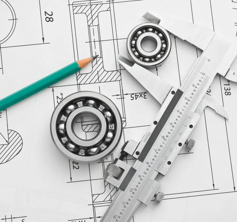 Two Donepart R12-2RS ball bearings, 3/4 x 1-5/8 x 7/16 in, metal, double sealed, shown on engineering blueprint with calipers