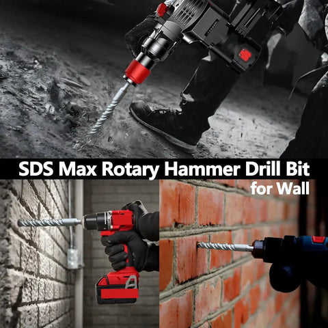 SDS Max Rotary Hammer Drill Bit, 38mm Carbide Tip, 10 Inch 260mm Length, shown drilling concrete and brick walls