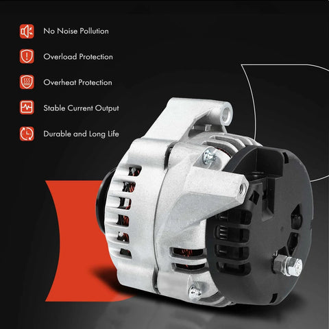 Beefed Up 105 Amp 12V Alternator For 4.3L GM V6 SUVs And Trucks 1998 To 2000 Blazer S10 Jimmy Sonoma Astro Isuzu Hombre Bravada Safari Oldsmobile Fits 1998 2000 Chevy GMC Family Vehicles Clockwise 6 Groove Pulley, shown with features like overload and overheat protection