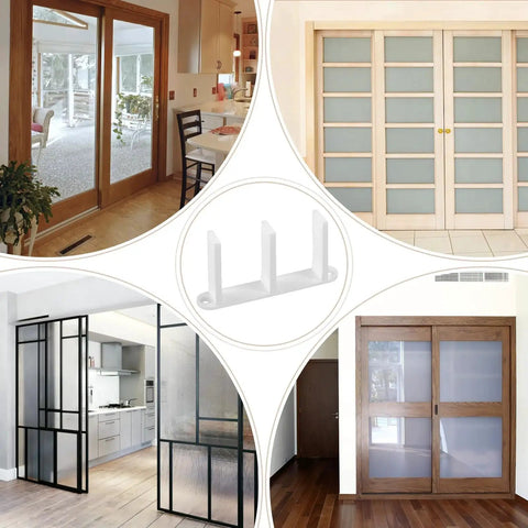 4 Pack White Sliding Closet Door Floor Guide For Pocket Door Bottom Bracket And Sliding Door Hardware Fits Standard One And Three Eighths Inch Width Doors With Screws Included For Easy Install And Durable Replacement For Smooth Operation shown in various door settings