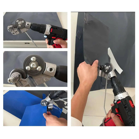 Close-up and action shots of Plate Cutter Drill Attachment For Metal Sheets Upgraded 2024 Nibbler Drill Shears Fast Cutting Tool.