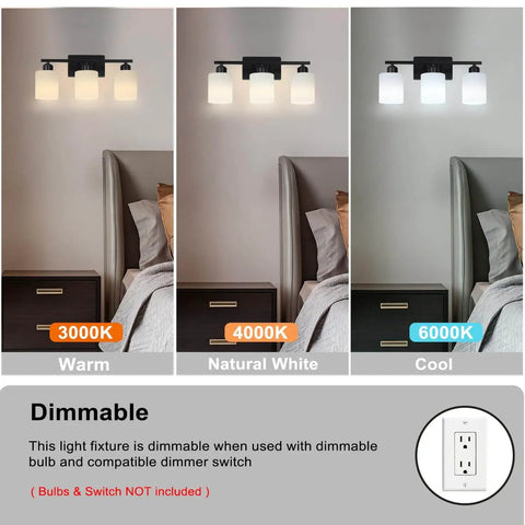 Three Light Black Matte Vanity Light Fixture With Milky White Frosted Glass Shades For Bathroom Over Mirror in warm, natural, and cool tones.