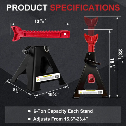 Image showing 6 Ton Heavy Duty Jack Stands with Double Pin Lock, 15.6 to 23.4 Inch Height, with product specifications.