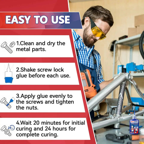 Instructions for using 2 Pack Blue And Red Thread Lockers For Nuts Bolts And Metal Fasteners Medium And High Strength Thread Locker Set