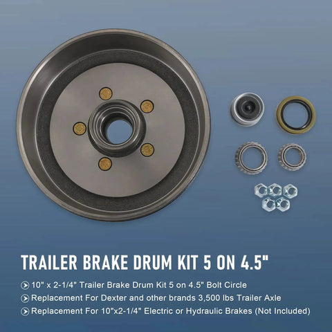 Heavy Duty Trailer Brake Hub Drum Kit Ten Inch And Two And A Quarter Inch Diameter For Three Thousand Five Hundred Pound Axles With Five On Four Point Five Inch Bolt Pattern Replaces Dexter And Other Brands JDMSPEED components displayed