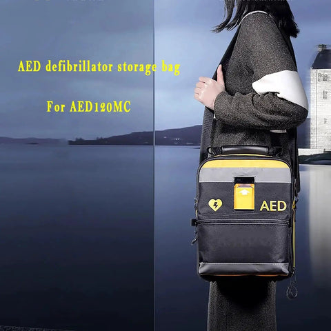 Person carrying Durable AED Defibrillator Pouch for AED120MC with two layer design and reflective strips in outdoor setting.