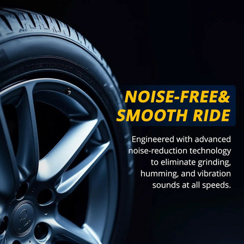 Close-up of a vehicle tire featuring advanced noise-reduction technology for a noise-free and smooth ride.