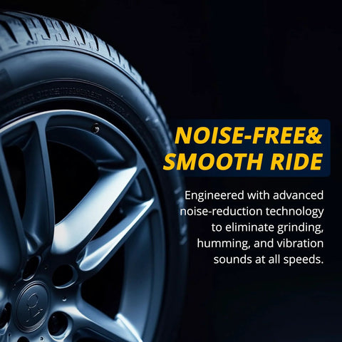 Close-up of front wheel showing rim design and tire tread with text about noise-free smooth ride