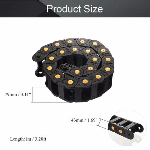 Black drag chain cable carrier 1m with yellow dots, 79mm outer diameter, 43mm wide, open type design for CNC routers and machines.