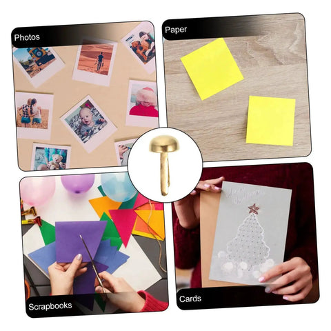 Collage showing uses of 100 Pieces Paper Fasteners For Scrapbookers And DIYers on photos, paper, scrapbooks, and cards.