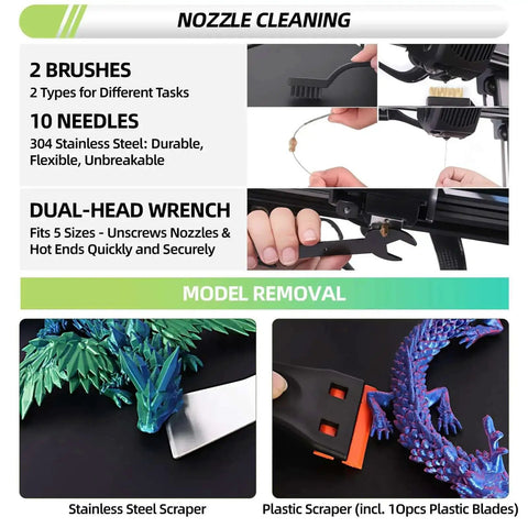 Must Have 76 Piece 3D Printer Tools Kit With Bag Includes nozzle cleaning tools, brushes, needles, stainless and plastic scrapers