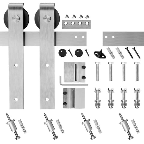 Brushed Nickel Barn Door Hardware Kit With Heavy Duty Sliding Track And Quiet Glide For 30 Inch Wide Door components displayed.