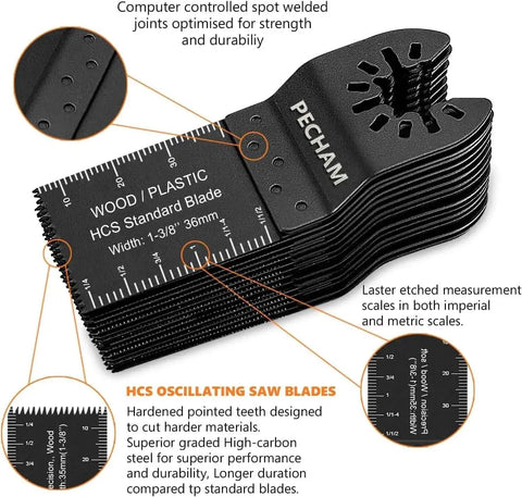 Stack of Versatile 24 Piece Universal Oscillating Multitool Saw Blades Set For Wood And Metal With Quick Release visible
